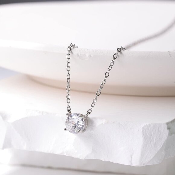 Women's Dainty Gold Necklace-14k Gold Plated Solitaire Cubic Zirconia Necklaces - Picture 5 of 7